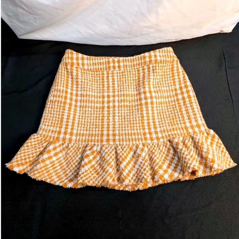 Naked Zebra Orange ~ White Plaid Tweed Ruffle Mini Skirt OS114324 Women's Small